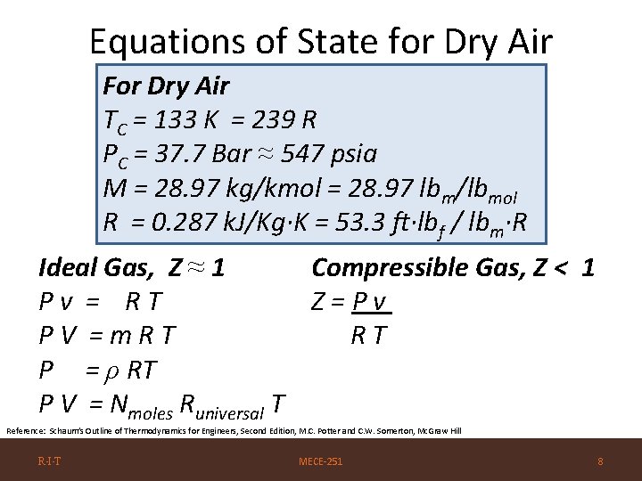 Equations of State for Dry Air For Dry Air TC = 133 K =