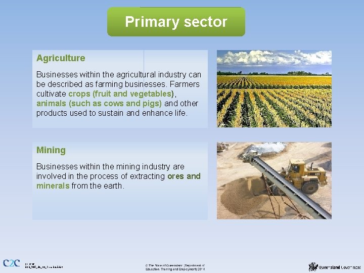Primary sector Agriculture Businesses within the agricultural industry can be described as farming businesses.
