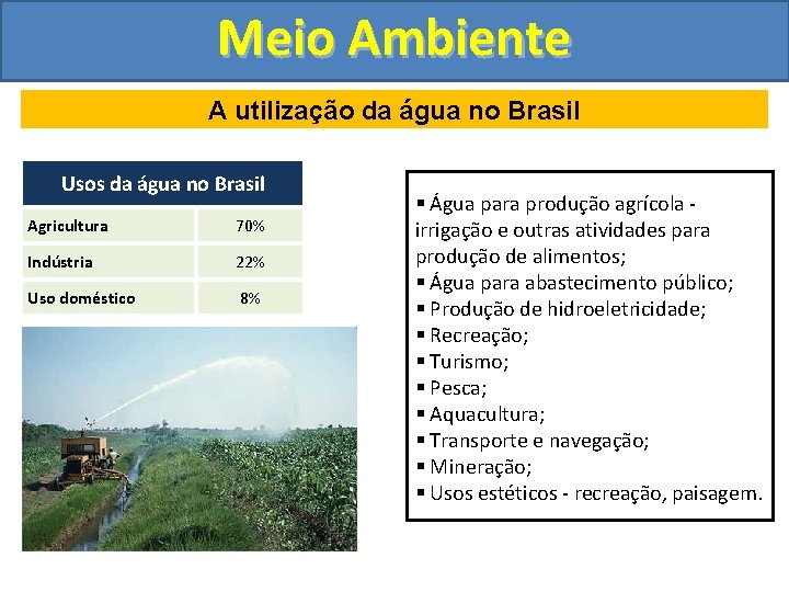 Meio Ambiente A utilização da água no Brasil Usos da água no Brasil Agricultura