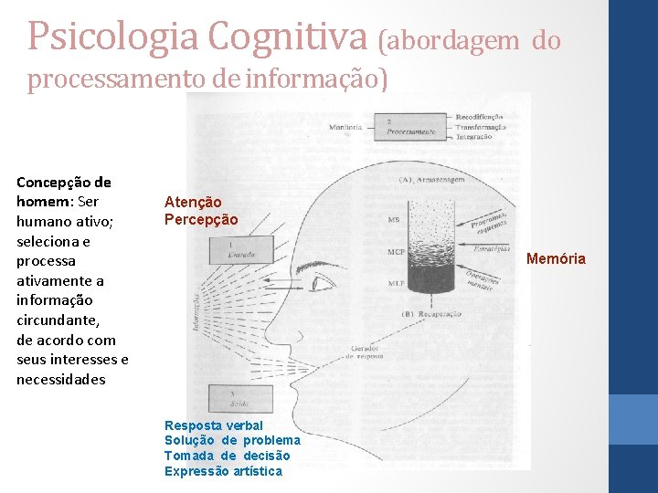 Psicologia Cognitiva (abordagem do processamento de informação) Concepção de homem: Ser humano ativo; seleciona