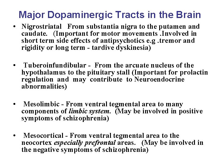 Major Dopaminergic Tracts in the Brain • Nigrostriatal From substantia nigra to the putamen