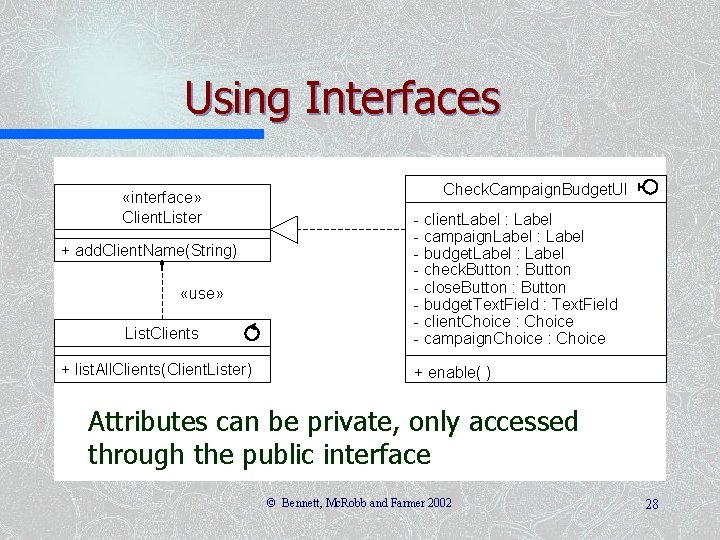 Using Interfaces «interface» Client. Lister + add. Client. Name(String) «use» List. Clients + list.