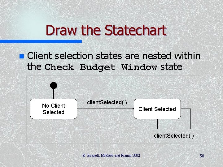 Draw the Statechart n Client selection states are nested within the Check Budget Window