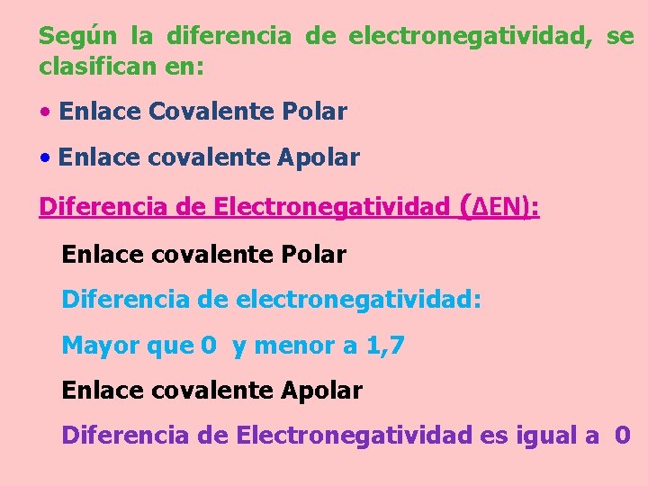 Según la diferencia de electronegatividad, se clasifican en: • Enlace Covalente Polar • Enlace