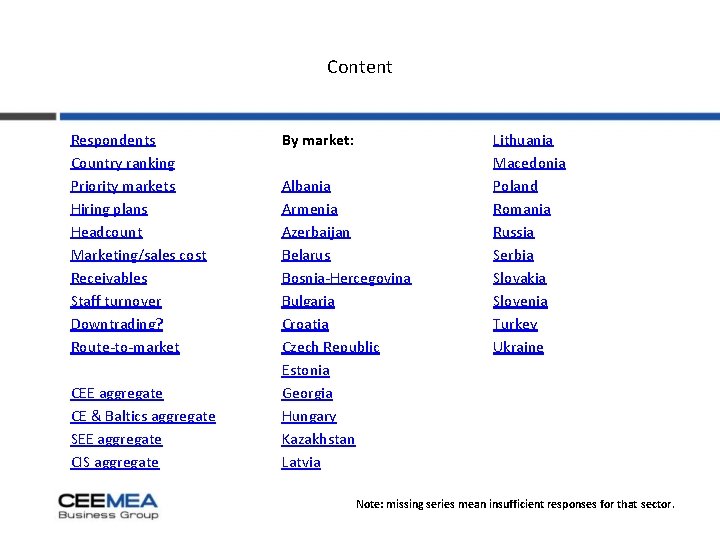 Content Respondents Country ranking Priority markets Hiring plans Headcount Marketing/sales cost Receivables Staff turnover