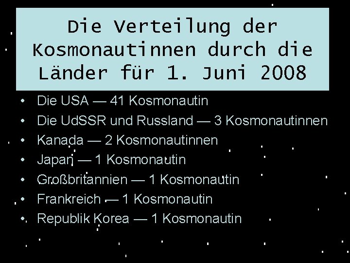 Die Verteilung der Kosmonautinnen durch die Länder für 1. Juni 2008 • • Die