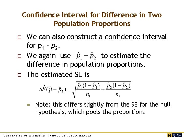 Confidence Interval for Difference in Two Population Proportions o o o We can also Confidence Interval for Difference in Two Population Proportions o o o We can also