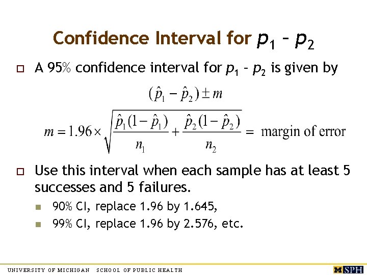 Confidence Interval for p 1 – p 2 o A 95% confidence interval for Confidence Interval for p 1 – p 2 o A 95% confidence interval for