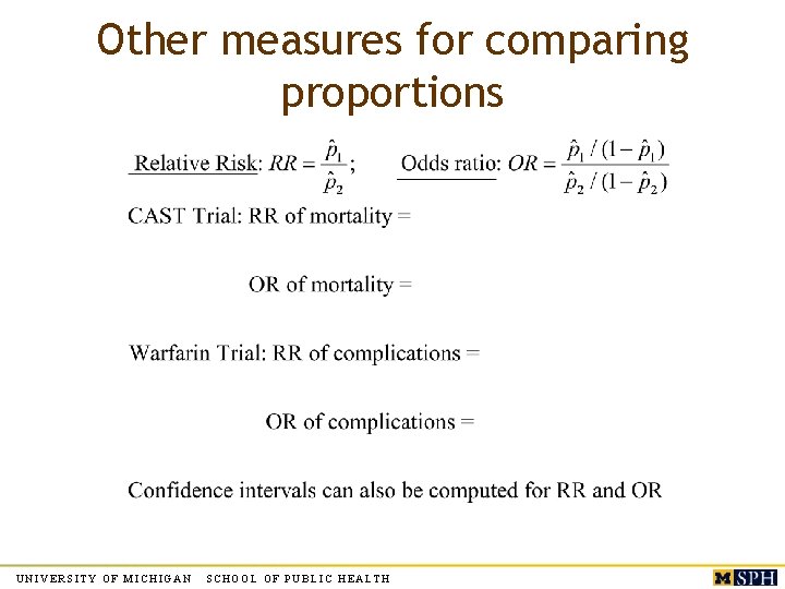 Other measures for comparing proportions UNIVERSITY OF MICHIGAN SCHOOL OF PUBLIC HEALTH Other measures for comparing proportions UNIVERSITY OF MICHIGAN SCHOOL OF PUBLIC HEALTH