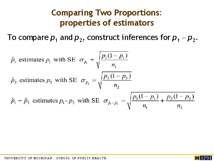 Comparing Two Proportions: properties of estimators To compare p 1 and p 2, construct Comparing Two Proportions: properties of estimators To compare p 1 and p 2, construct