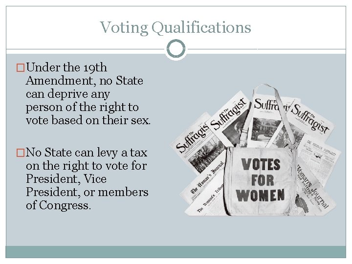 Voting Qualifications �Under the 19 th Amendment, no State can deprive any person of