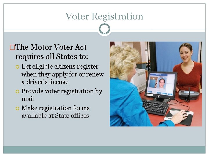 Voter Registration �The Motor Voter Act requires all States to: Let eligible citizens register