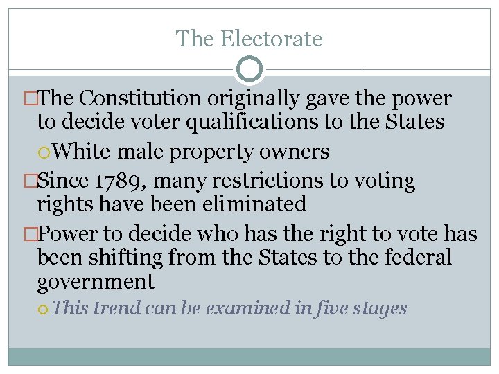 The Electorate �The Constitution originally gave the power to decide voter qualifications to the