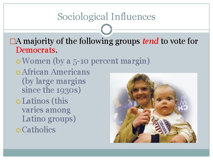 Sociological Influences �A majority of the following groups tend to vote for Democrats. Women