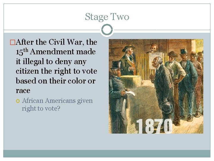 Stage Two �After the Civil War, the 15 th Amendment made it illegal to