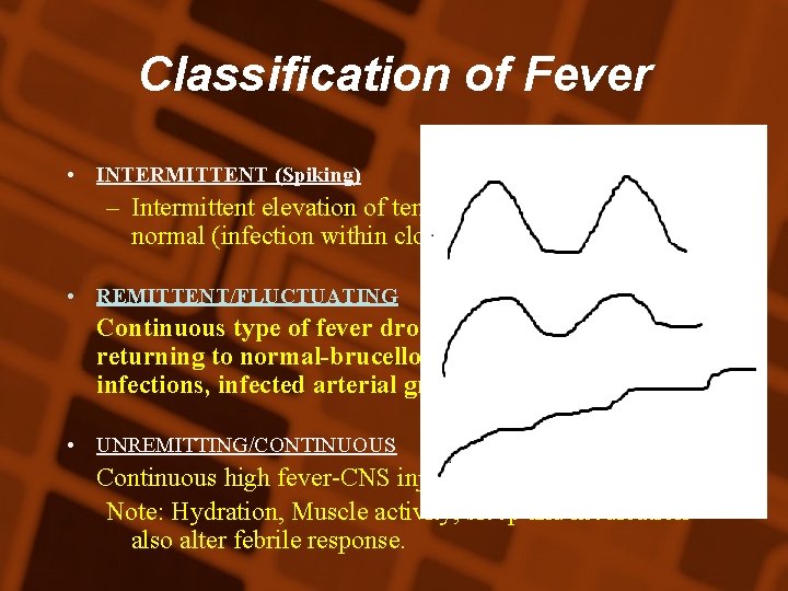 Classification of Fever • INTERMITTENT (Spiking) – Intermittent elevation of temp with regular return