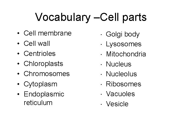 Vocabulary –Cell parts • • Cell membrane Cell wall Centrioles Chloroplasts Chromosomes Cytoplasm Endoplasmic