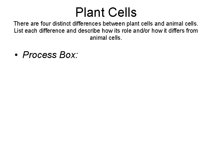 Plant Cells There are four distinct differences between plant cells and animal cells. List