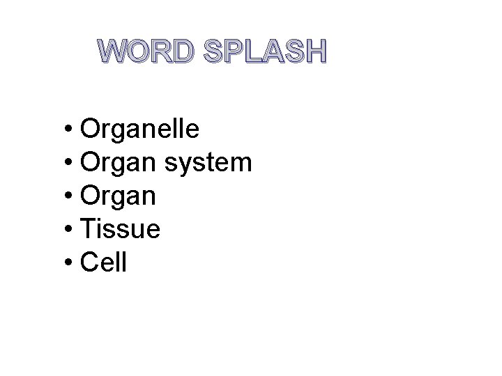 WORD SPLASH • Organelle • Organ system • Organ • Tissue • Cell 