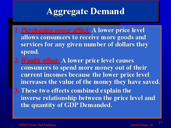 Aggregate Demand 1. Purchasing power effect: A lower price level allows consumers to receive