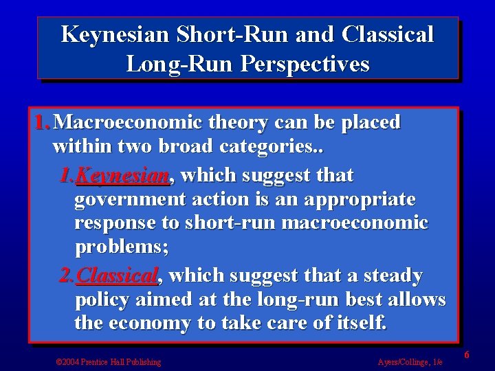 Keynesian Short-Run and Classical Long-Run Perspectives 1. Macroeconomic theory can be placed within two