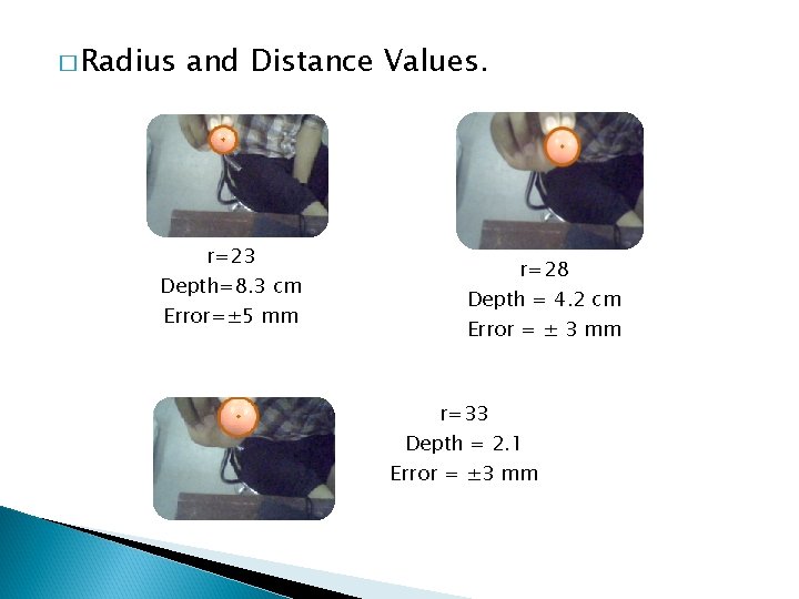 � Radius and Distance Values. r=23 Depth=8. 3 cm Error=± 5 mm r=28 Depth