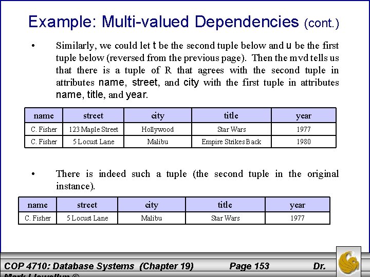 Example: Multi-valued Dependencies (cont. ) • Similarly, we could let t be the second