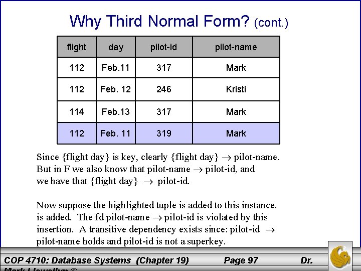 Why Third Normal Form? (cont. ) flight day pilot-id pilot-name 112 Feb. 11 317