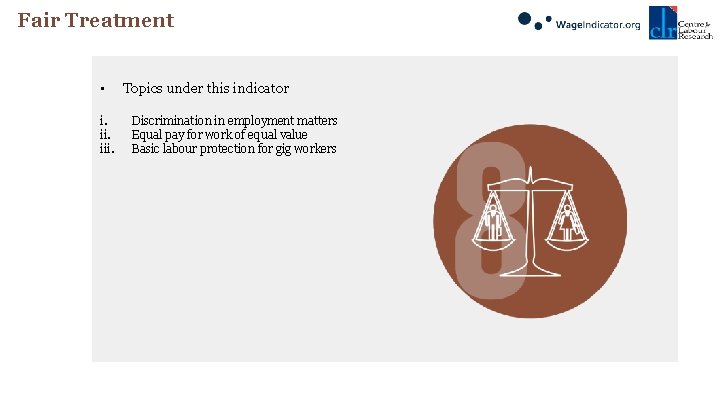 Fair Treatment • i. iii. Topics under this indicator Discrimination in employment matters Equal