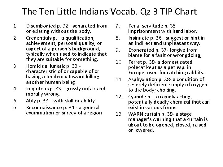 The Ten Little Indians Vocab. Qz 3 TIP Chart 1. 2. 3. 4. 5.