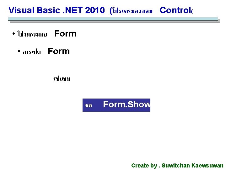 Visual Basic. NET 2010 (โปรแกรมควบคม Control( • โปรแกรมกบ Form • การเปด Form รปแบบ ชอ Visual Basic. NET 2010 (โปรแกรมควบคม Control( • โปรแกรมกบ Form • การเปด Form รปแบบ ชอ