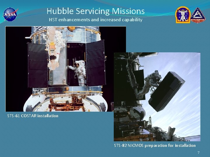 Hubble Servicing Missions HST enhancements and increased capability STS-61 COSTAR installation STS-82 NICMOS preparation
