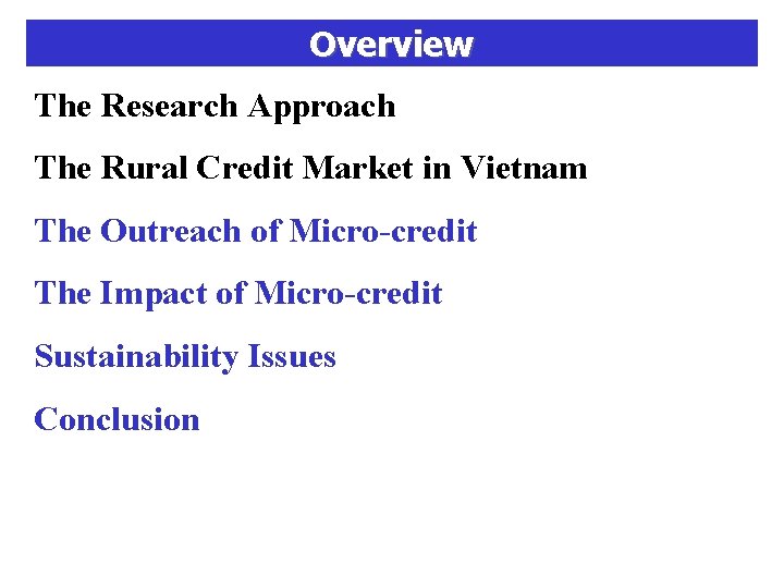 Overview The Research Approach The Rural Credit Market in Vietnam The Outreach of Micro-credit