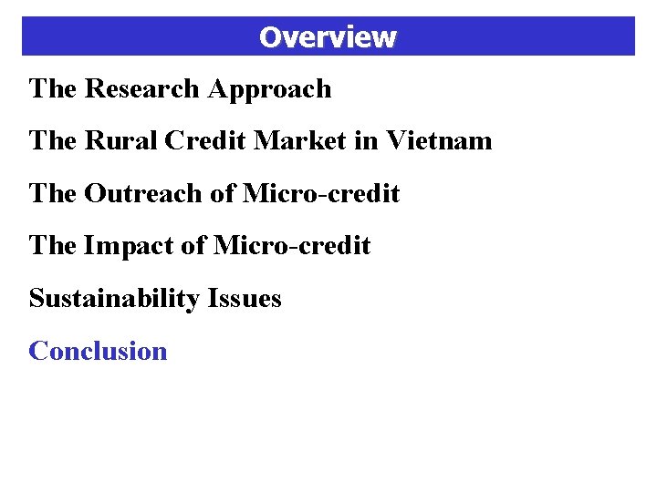 Overview The Research Approach The Rural Credit Market in Vietnam The Outreach of Micro-credit