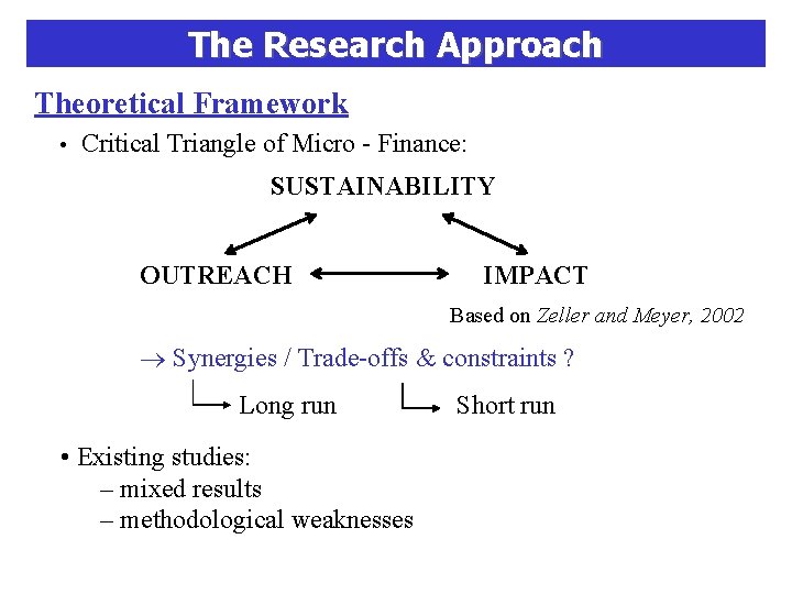 The Research Approach Theoretical Framework • Critical Triangle of Micro - Finance: SUSTAINABILITY OUTREACH