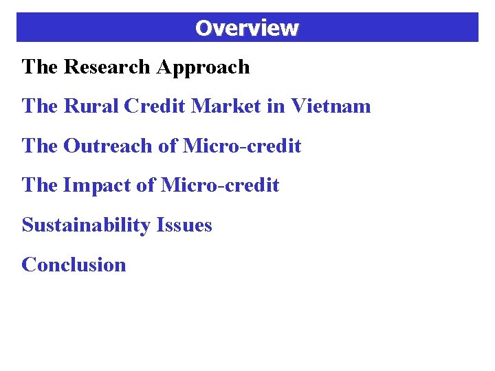 Overview The Research Approach The Rural Credit Market in Vietnam The Outreach of Micro-credit