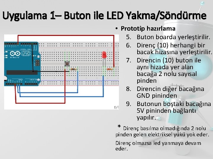 Uygulama 1– Buton ile LED Yakma/Söndürme • Prototip hazırlama 5. Buton boarda yerleştirilir. 6.