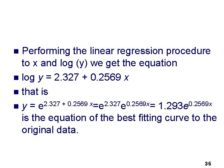 Performing the linear regression procedure to x and log (y) we get the equation Performing the linear regression procedure to x and log (y) we get the equation