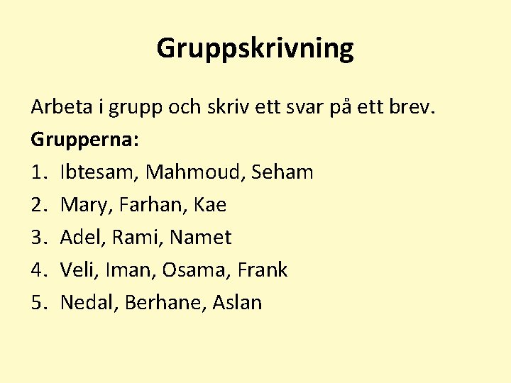 Gruppskrivning Arbeta i grupp och skriv ett svar på ett brev. Grupperna: 1. Ibtesam,