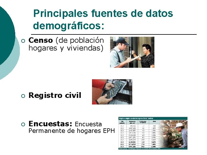 Principales fuentes de datos demográficos: ¡ Censo (de población hogares y viviendas) ¡ Registro