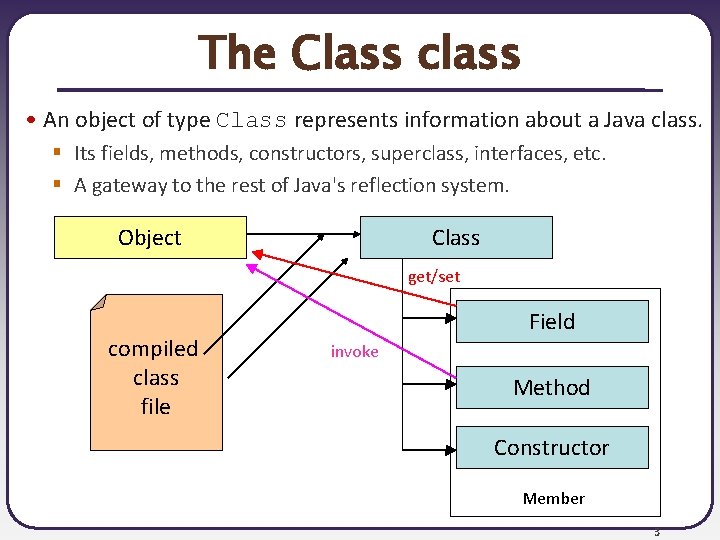 The Class class • An object of type Class represents information about a Java