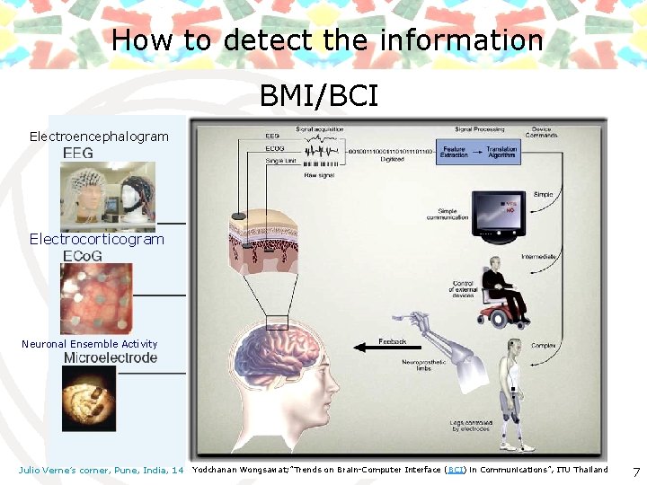 How to detect the information BMI/BCI Electroencephalogram Electrocorticogram Neuronal Ensemble Activity Yodchanan 2010 Wongsawat;