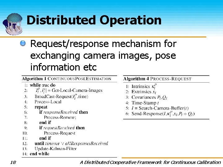Distributed Operation Request/response mechanism for exchanging camera images, pose information etc 18 A Distributed