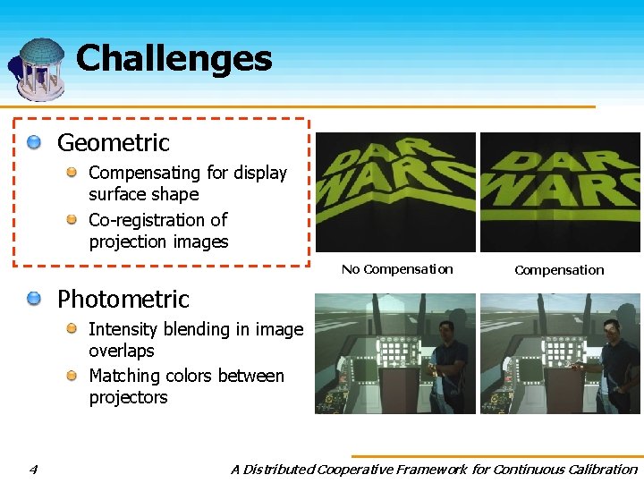 Challenges Geometric Compensating for display surface shape Co-registration of projection images No Compensation Photometric