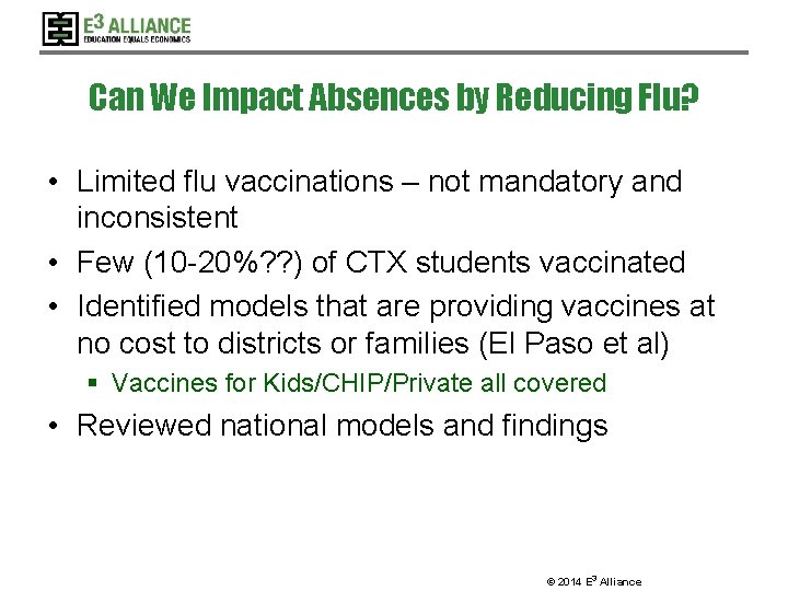 Can We Impact Absences by Reducing Flu? • Limited flu vaccinations – not mandatory