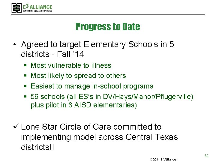 Progress to Date • Agreed to target Elementary Schools in 5 districts - Fall