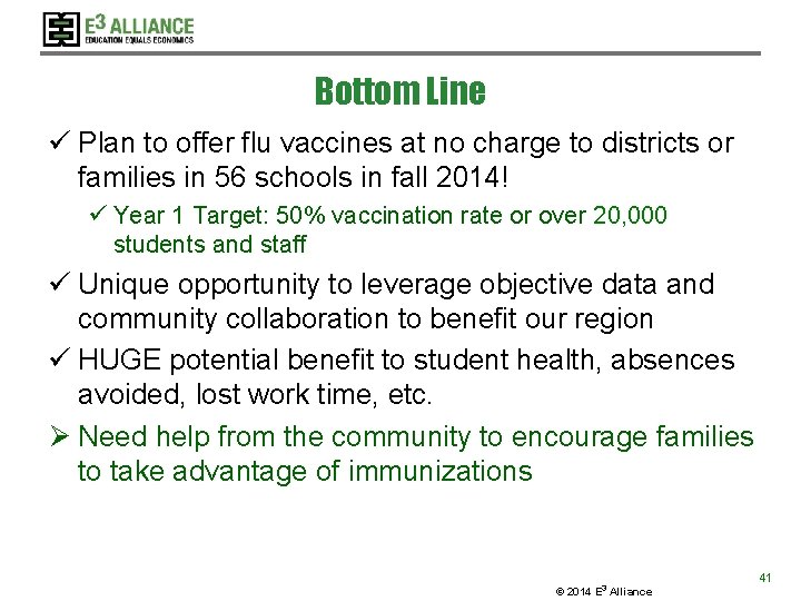 Bottom Line ü Plan to offer flu vaccines at no charge to districts or