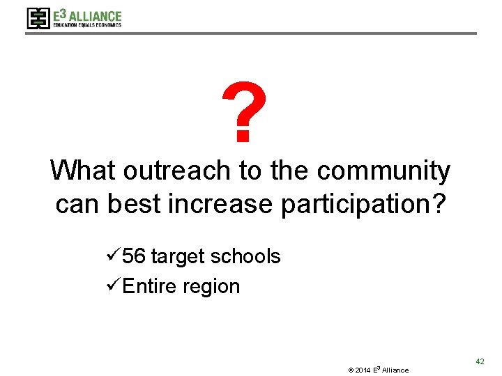 ? What outreach to the community can best increase participation? ü 56 target schools