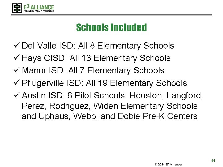 Schools Included ü Del Valle ISD: All 8 Elementary Schools ü Hays CISD: All