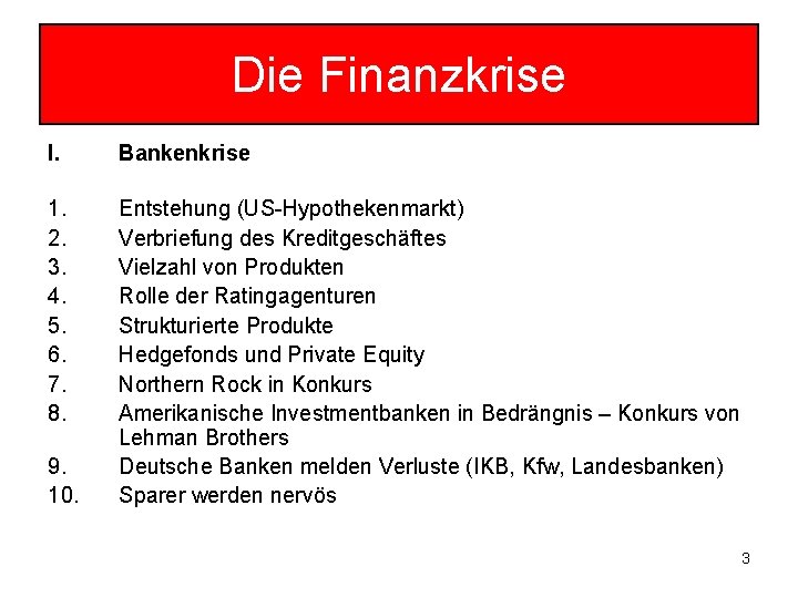 Die Finanzkrise I. Bankenkrise 1. 2. 3. 4. 5. 6. 7. 8. Entstehung (US-Hypothekenmarkt)